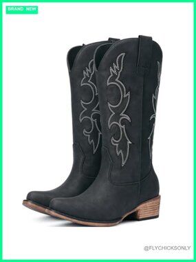 Mid Calf Cowgirl Boots with Retro Embroidery Western Chunky Heel Pull On